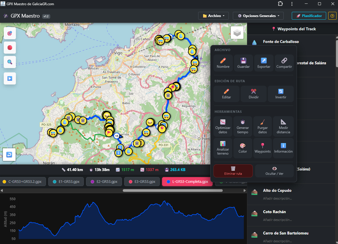 Vista previa de GPX Maestro, editor de rutas GPS online